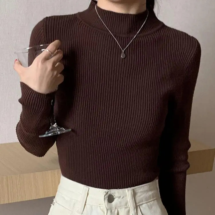 Autumn Winter Mock Neck Women Sweater Vintage