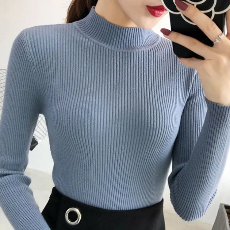 Autumn Winter Mock Neck Women Sweater Vintage