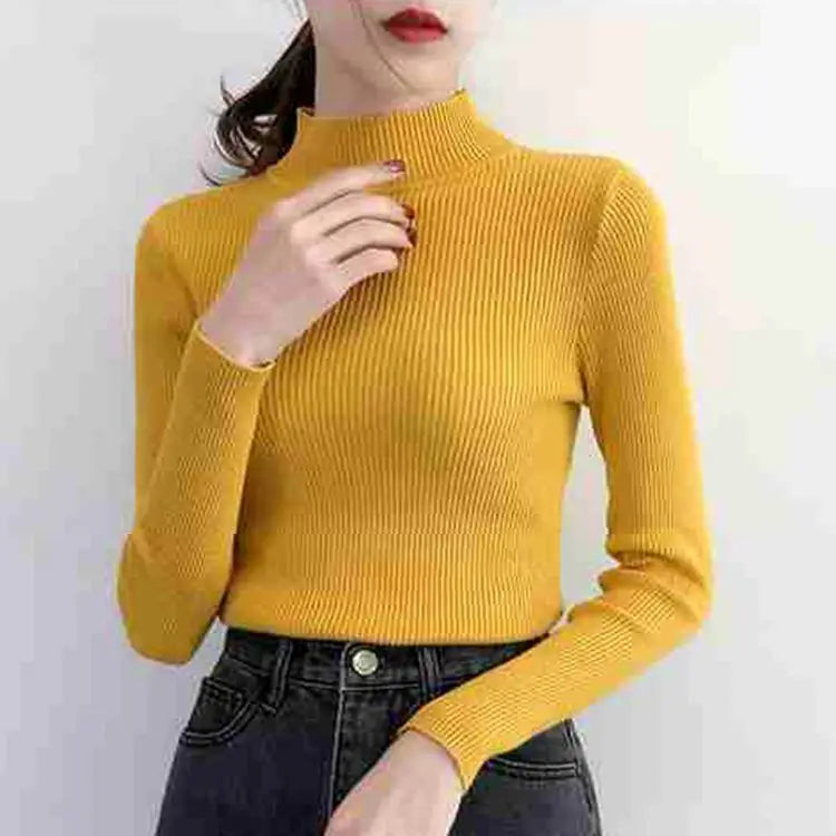 Autumn Winter Mock Neck Women Sweater Vintage