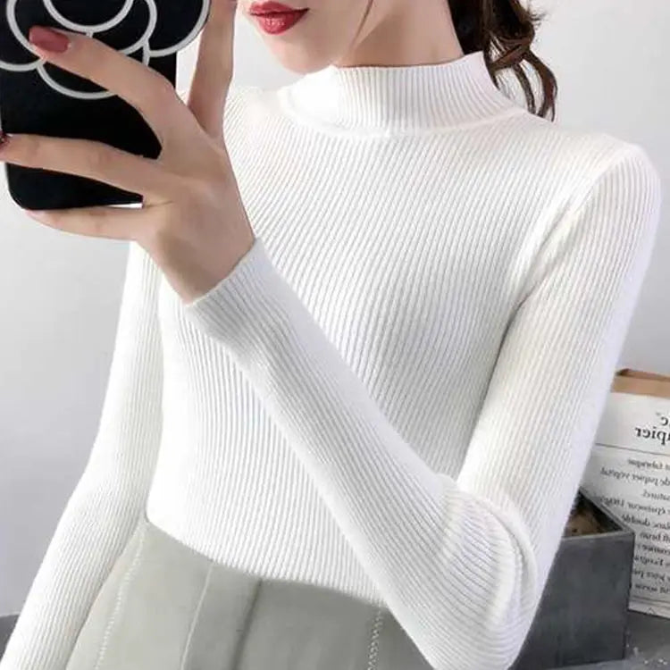 Autumn Winter Mock Neck Women Sweater Vintage